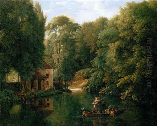 View Of La Brasserie At Ermenonville, With Sportsmen Shooting Duck On A River Oil Painting by Alexandre Francois Louis (Comte de) Girardin
