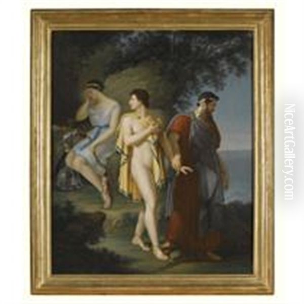 A Classical Scene With A Young Being Lef Away From A Young Nymph By His Father, Pyramus (?) Being Lead Away From Thisbe Oil Painting by Anne-Louis Girodet de Roucy-Triosson