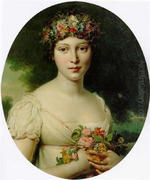Portrait Of A Young Woman With A Wreath Of Flowers In Her Hair Holding A Bouquet Of Roses And Narcissus Oil Painting by Anne-Louis Girodet de Roucy-Triosson