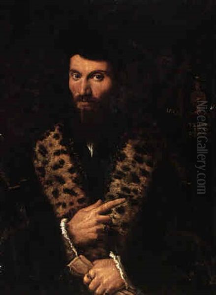 Portrait Of A Cleric Wearing A Black Costume Pointing To A Clock Oil Painting by Girolamo da Carpi