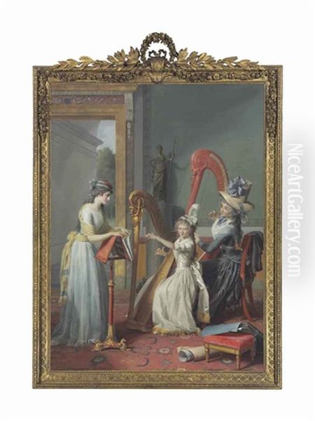 Mademoiselle D'orleans Taking A Harp Lesson Oil Painting by Jean Antoine Th. Giroust