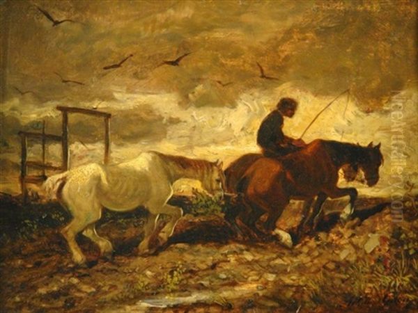 Am Abend. Bauer Mit Seinen Pferden Auf Dem Heimweg Oil Painting by Achille Giroux