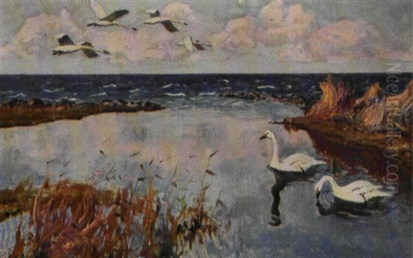 Svaner Ved Kysten Oil Painting by William Gislander