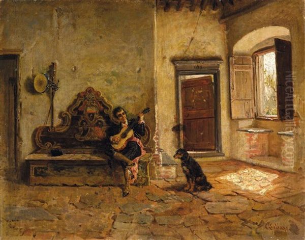 Figura Con Chitarra E Cane In Un Interno, 1900 Oil Painting by Bartolomeo Giuliano