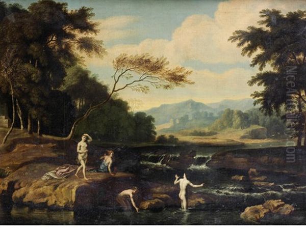 Figures Bathing In A River, A Mountainous Landscape Beyond Oil Painting by Johannes (Jan) Glauber