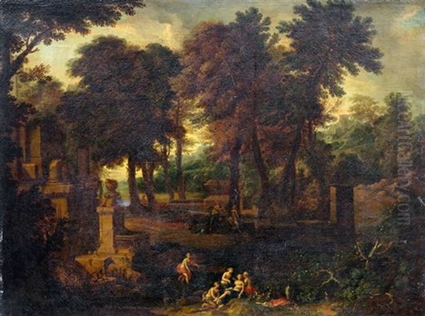 Idyllische Landschaft Mit Badenden Nymphen Zwischen Antiken Ruinen Oil Painting by Johannes (Jan) Glauber