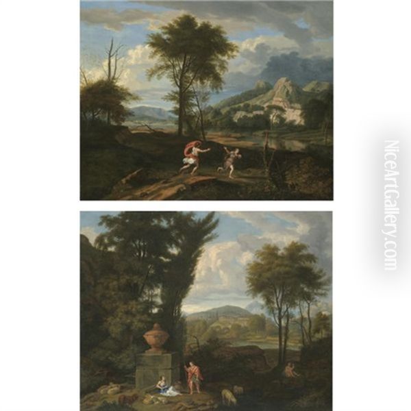 A River Landscape With Apollo And Daphne (+ A Bosky River Landscape With A Couple And Their Sheep In The Foreground - Daphnis And Chloe?; Pair) Oil Painting by Johannes (Jan) Glauber
