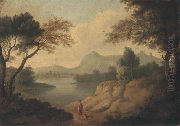 A Wooded River Landscape With A Classical Figure And A Dog On A Track Oil Painting by Johannes (Jan) Glauber