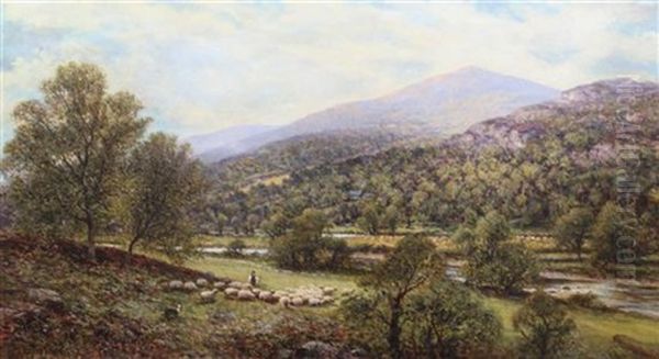 Shepherd And Flock In A Valley Oil Painting by Alfred Augustus Glendening Sr.