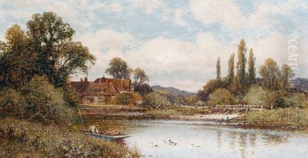 Pangbourne Weir, On The Thames (+ Beddgelert, North Wales; Pair) Oil Painting by Alfred Augustus Glendening Sr.