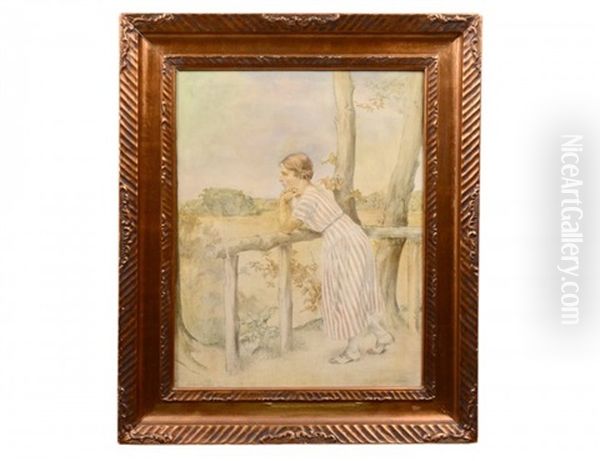 Young Woman Looking Over A Landscape Oil Painting by Johannes Ejner Glob