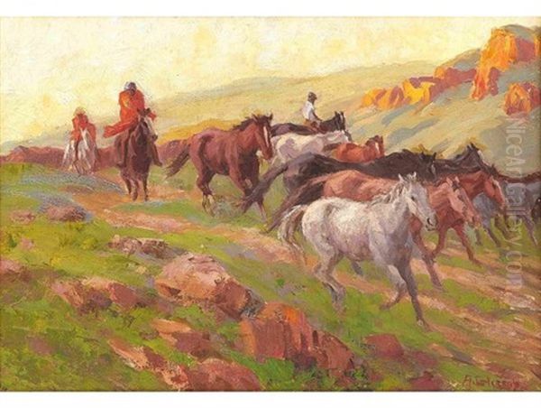 Bringing In The Police Ponies, Qacha's Nek Oil Painting by Allerley Glossop