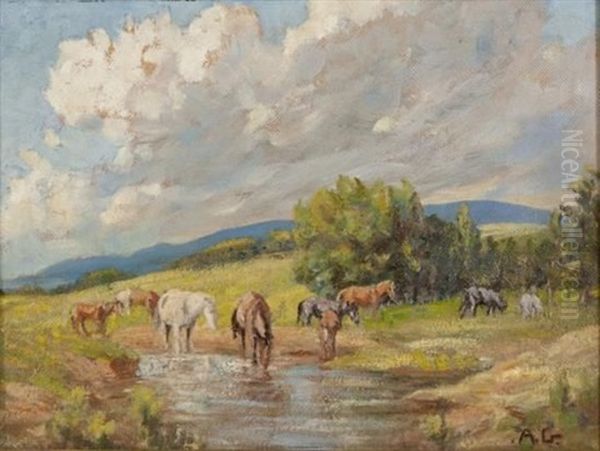 Horses At The Water's Edge Oil Painting by Allerley Glossop