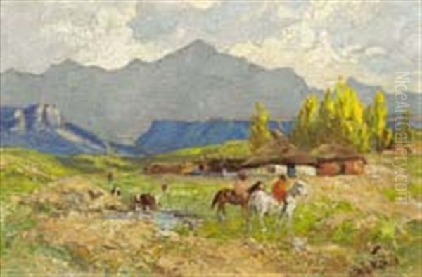 Riders In Lesotho Oil Painting by Allerley Glossop