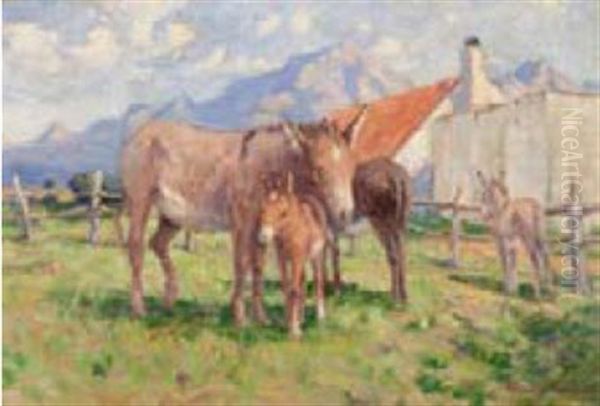 Donkeys In A Paddock Oil Painting by Allerley Glossop