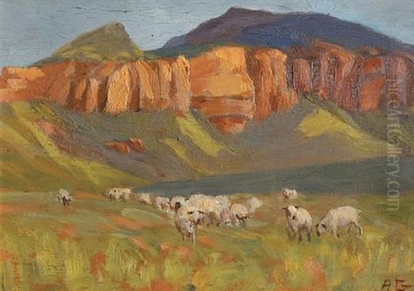 A Flock Of Sheep In The Foothills Of The Drakensberg Oil Painting by Allerley Glossop