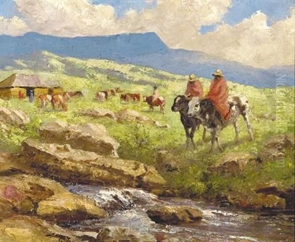Cattle And Basuto Riders Beside A River Oil Painting by Allerley Glossop
