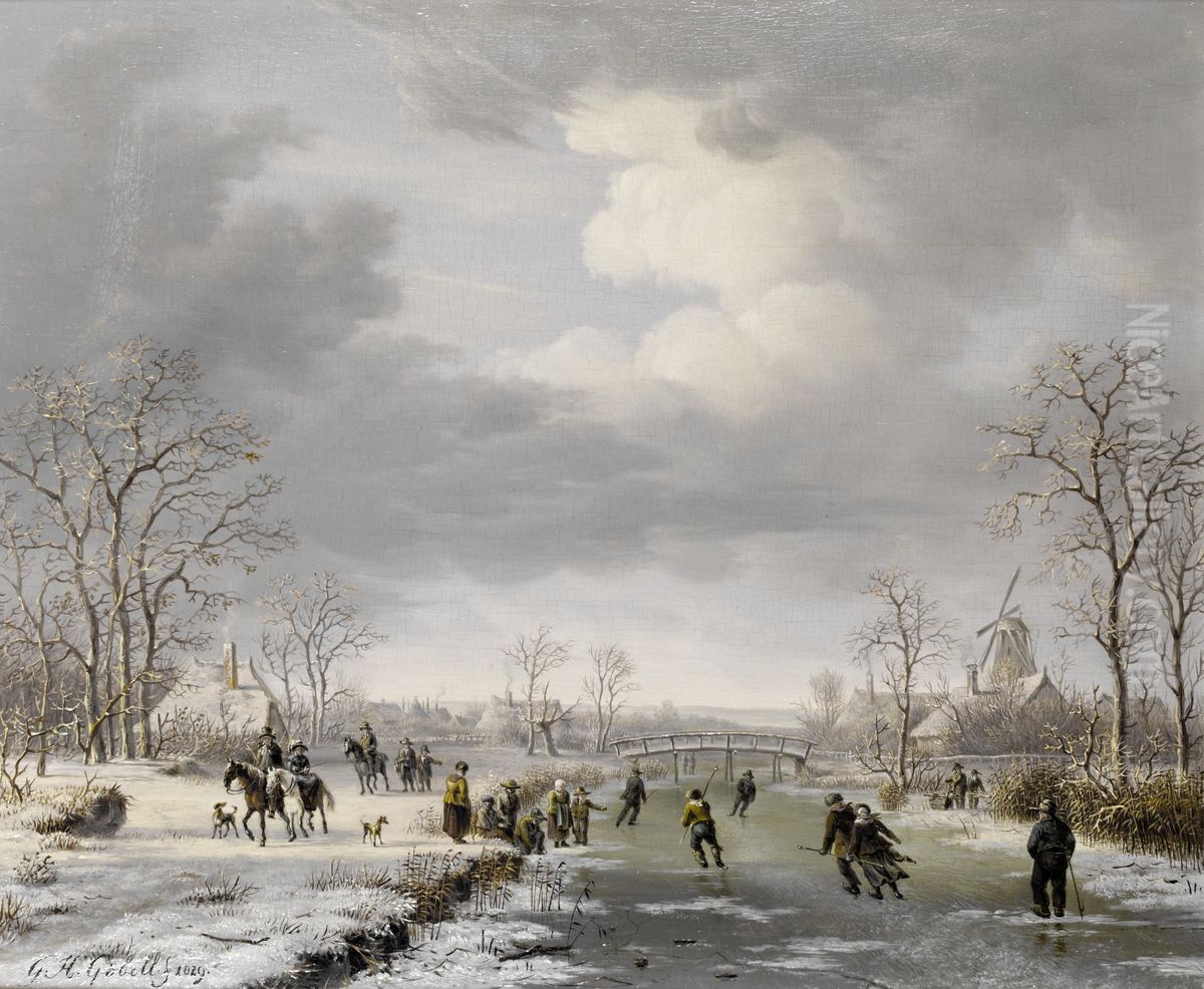 Skating On The Outskirts Of A Village In Winter Oil Painting by Gerrit Hendrik Gobell