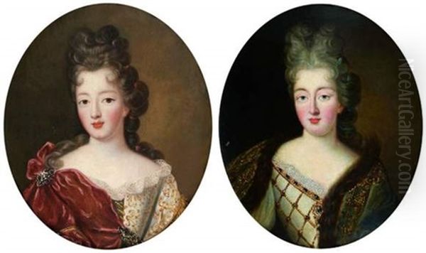 Portrait De Jeune Femme A La Robe Brodee (+ Portrait De Jeune Femme Au Manteau Borde De Fourrure; Pair) Oil Painting by Pierre Gobert
