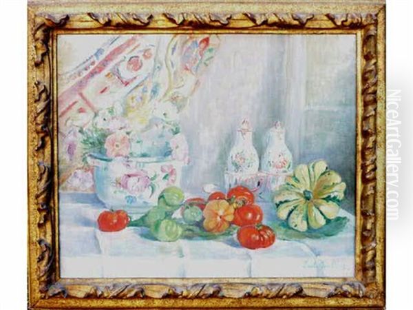 Nature Morte Au Vase De Fleurs Et Aux Tomates Oil Painting by Paule Gobillard