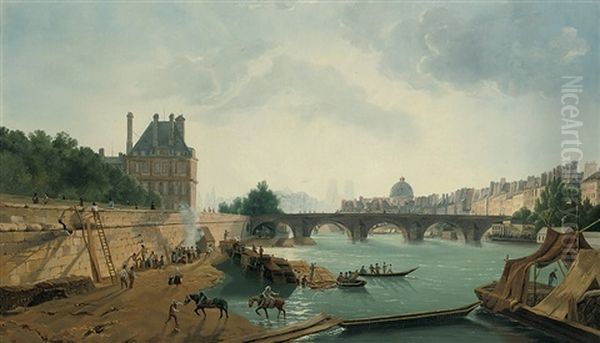Unloading Cargo At The Pont Royale, Paris Oil Painting by Antoine-Louis Goblain
