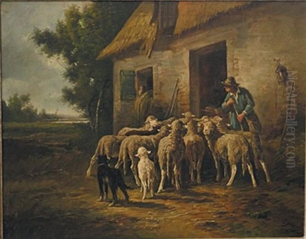 Berger Et Ses Brebis Devant La Bergerie Oil Painting by Emile Godchaux