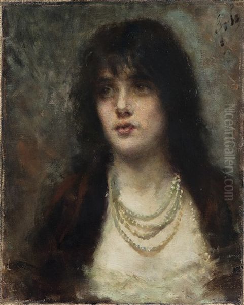 La Collana Di Perle / Il Vezzo Di Perle Oil Painting by Emilio Gola