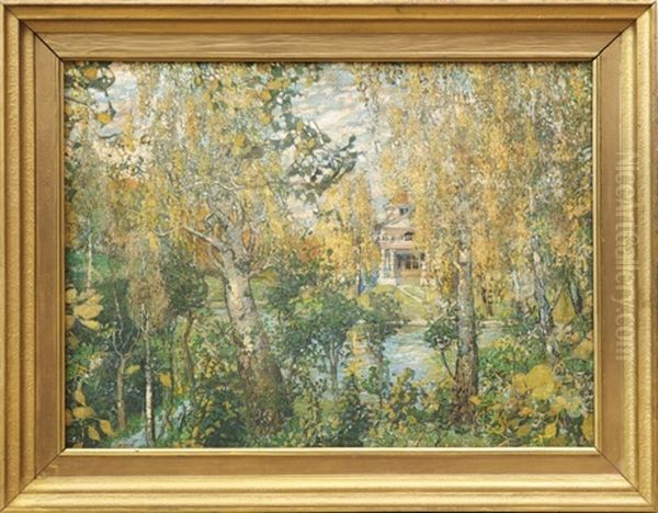 Parklandschaft Mit Hinter Baumen Verstecktem Gebaude Oil Painting by Aleksandr Jakovlevic Golovin