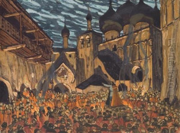 Act I Of Pskovityanka (set Design) Oil Painting by Aleksandr Jakovlevic Golovin