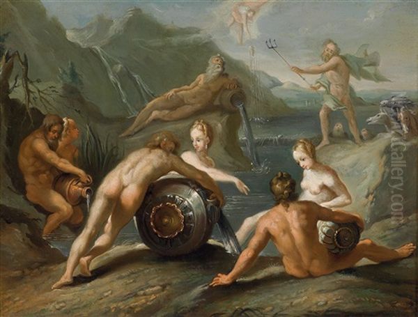 Der Meeresgott Neptun Plant Die Ausrottung Der Menschheit (nach Den Metamorphosen Des Ovid) Oil Painting by Goltzius Hendrick