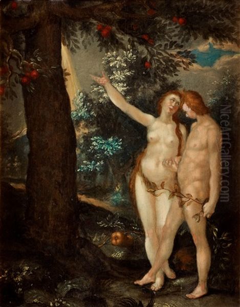 Adam Och Eva I Lustgarden Oil Painting by Goltzius Hendrick