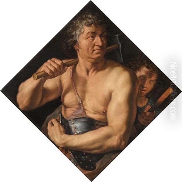 An Allegorical Portrait Of Jan Govertsz. Van Der Aar As Vulcan In His Forge Oil Painting by Goltzius Hendrick
