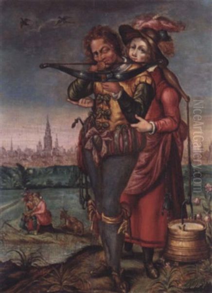 A Crossbowman And A Maid In A Landscape Before A Town Oil Painting by Goltzius Hendrick