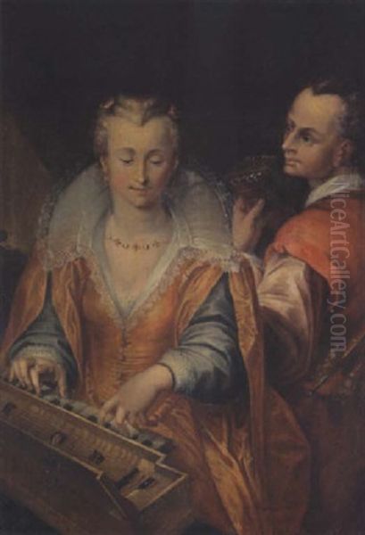 Fine Sense Of Hearing - Interior With A Woman And Man Playing Music Oil Painting by Goltzius Hendrick