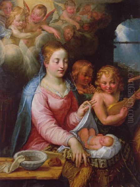 The Virgin And Child With Music-making Angels And The Annunciation To The Shepherds Beyond Oil Painting by Goltzius Hendrick