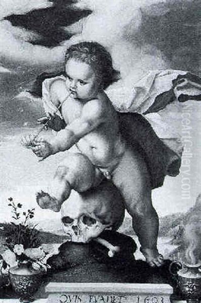 A Vanitas: A Putto Stepping On A Skull, Blowing Bubbles, A Landscape Beyond, Flowers In A Vase And Smoking Urn On Ledge Oil Painting by Goltzius Hendrick