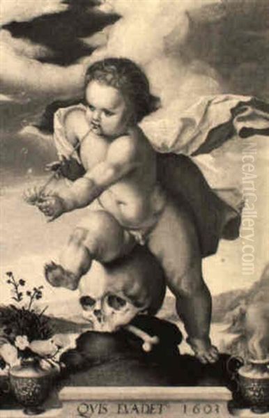 A Vanitas Painting: A Putto Stepping On A Skull While Blowing Bubbles Oil Painting by Goltzius Hendrick