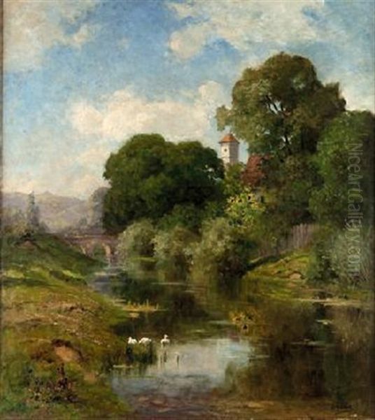 Paisaje Lacustre Con Patos Oil Painting by Antonio Gomar y Gomar
