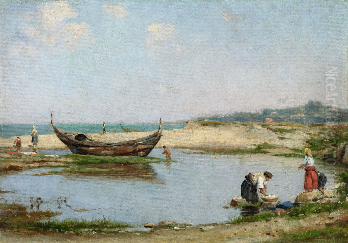 Mujeres En Una Ensenada Junto A La Playa Oil Painting by Guillermo Gomez Gil