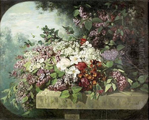 Blumenstuck Mit Weissem Und Violettem Flieder. Oil Painting by Jules Louis Badel