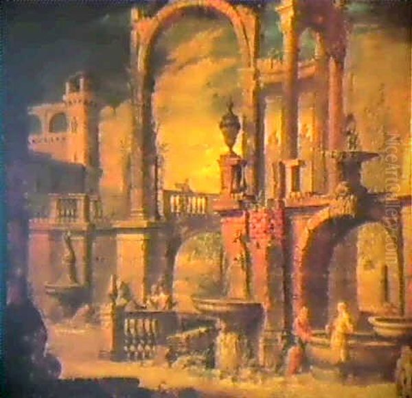 Architectural Capriccio With Christ And The Woman Of Samaria Oil Painting by Pietro Gonzaga