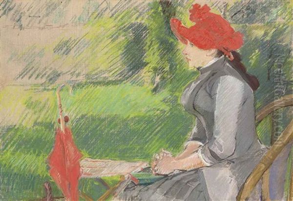 La Lecture Au Jardin (femme Au Chapeau Rouge) Oil Painting by Eva Gonzales