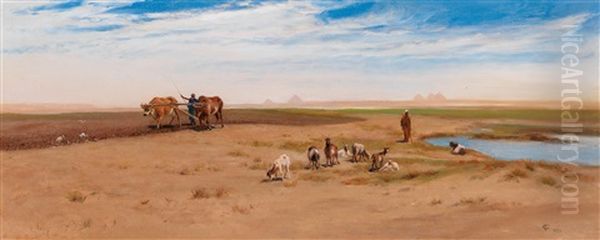 Goatherd And Labourer Near The Pyramids At Giza Oil Painting by Frederick Goodall