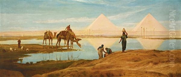The Light Of The Rising Sun Upon The Pyramids Of Ghizeh Oil Painting by Frederick Goodall