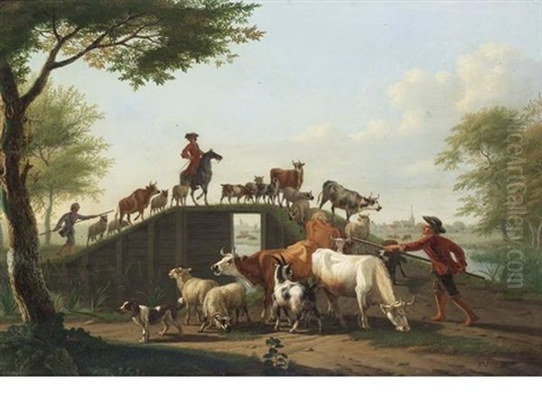 Drovers Crossing A Bridge With Their Flocks, A Town In The Distance Oil Painting by Jan van Gool