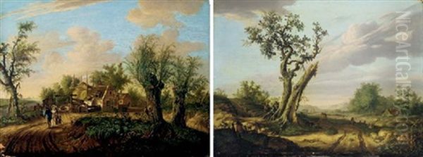 Un Arbre Au Bord D'un Chemin Anime (+ Couple Avec Un Enfant Aux Abords D'une Ferme; Pair) Oil Painting by Jan van Gool