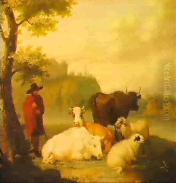 A Sheperd With Cattle By A River                            A Sheperd Herding Cattle Into A Shed Oil Painting by Jan van Gool