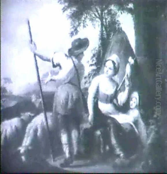 Rustic Courtship;                                           A Shepherdess And Shepherd Resting In A Landscape Oil Painting by Jan van Gool