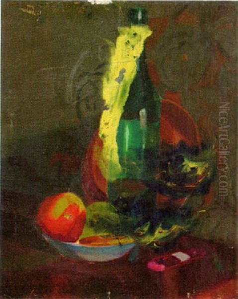 Stilleben Med Flaska Och Fruktskal Oil Painting by Ake Goeransson