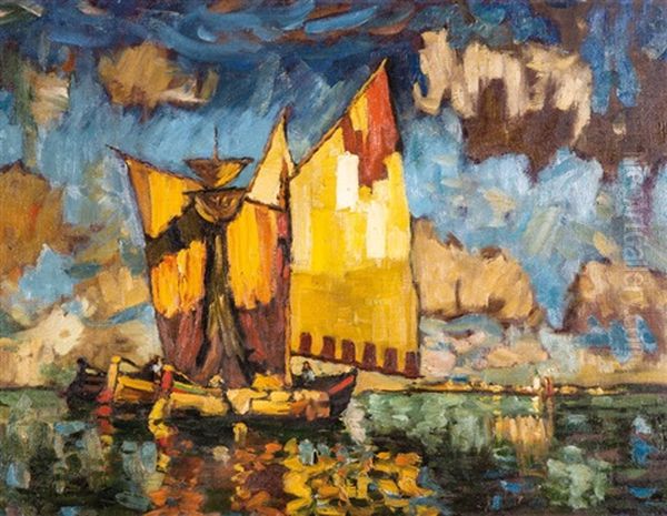 Lagoon Landscape With Venetian Fishing Boats Oil Painting by Konstantin Ivanovich Gorbatov